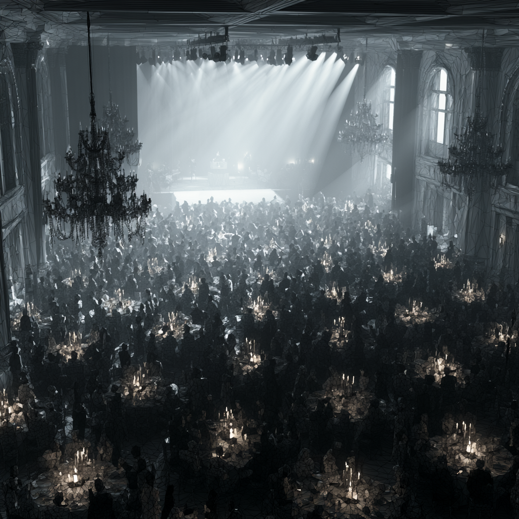 Low-poly corporate gala event with chandeliers and stage lighting