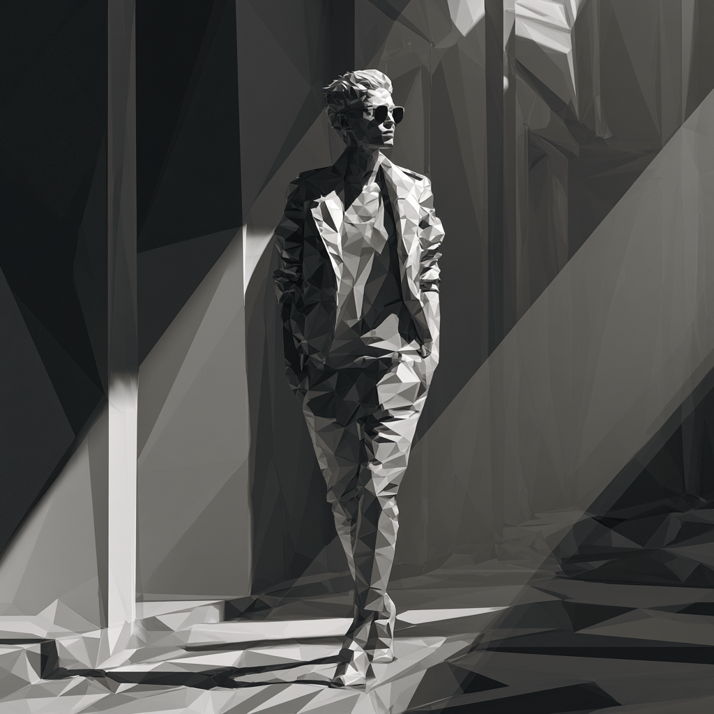 Low-poly geometric fashion model editorial shot
